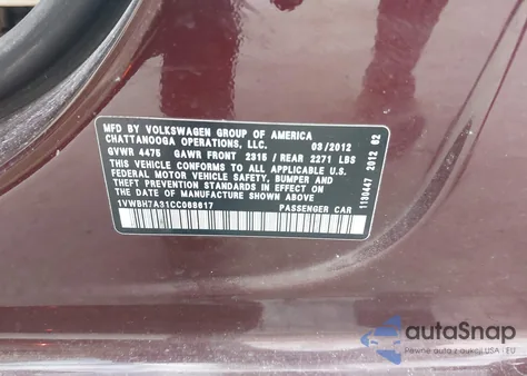 2012 Volkswagen Passat 2.5L Se z USA, uszkodzony, nr VIN 1VWBH7A31CC068617